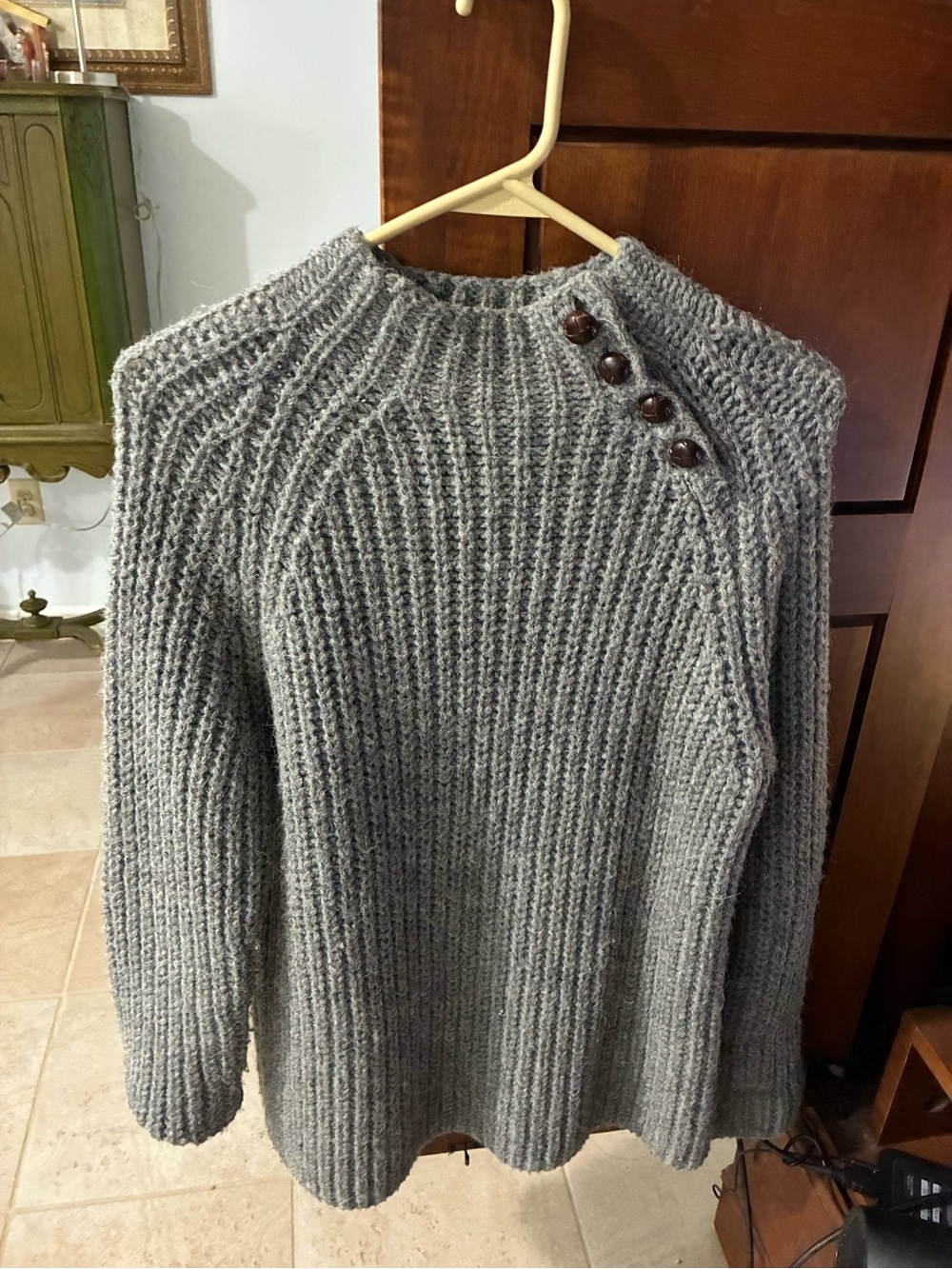 Lauren Ralph Lauren Gray Ribbed Turtleneck Sweater with Button Shoulder
